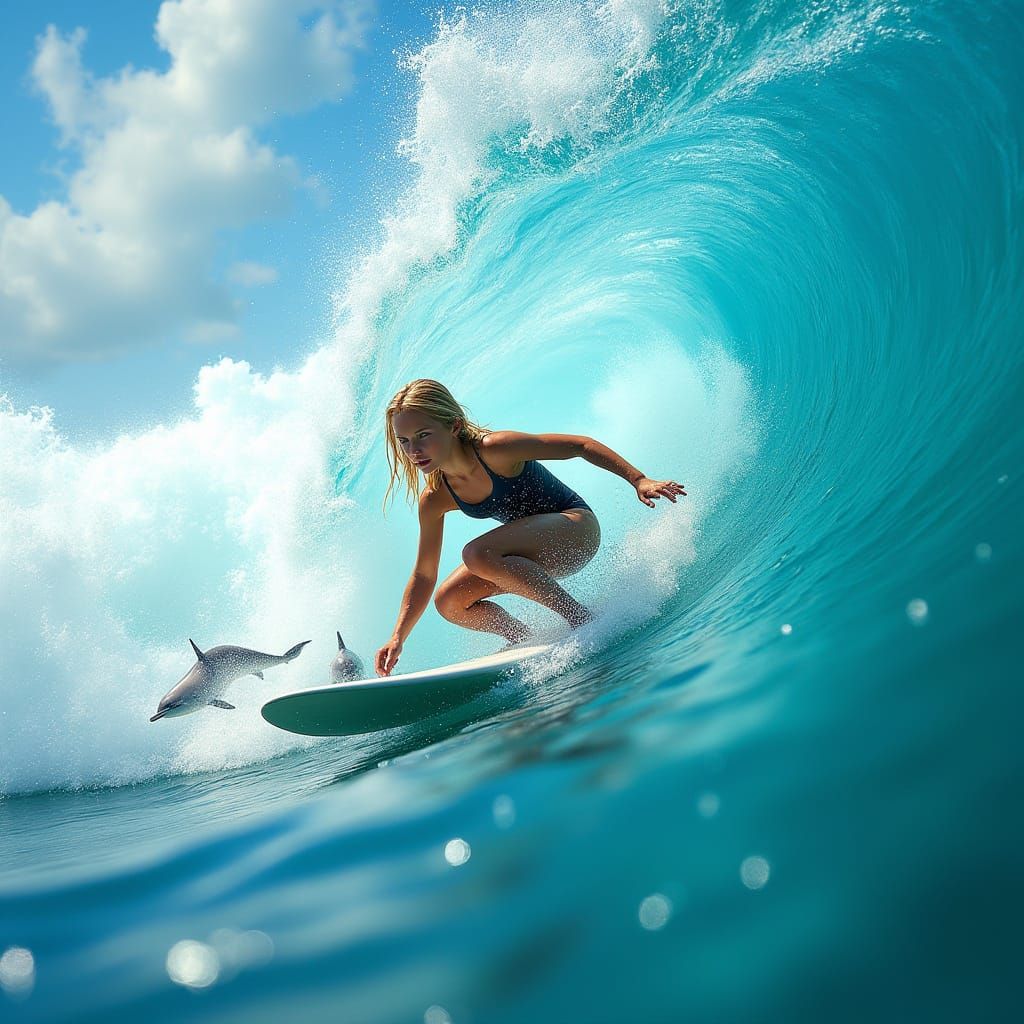 Girl Surfs Turquoise Wave with Dolphins in Photorealistic St...