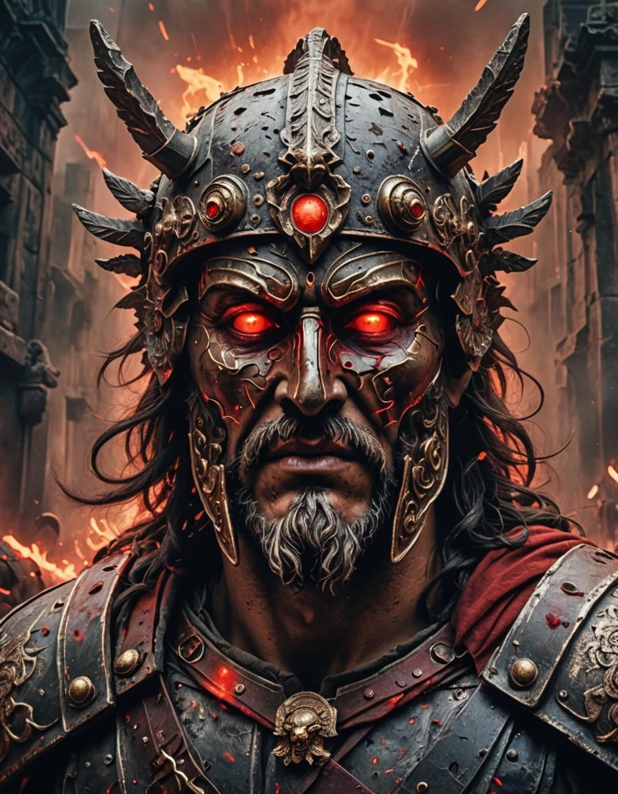 Roman War God with Red Eyes in Battle