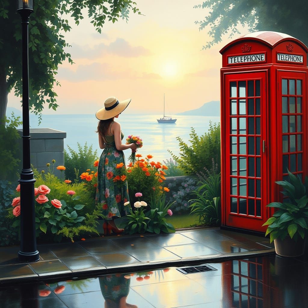 Phone booth in rain-soaked London