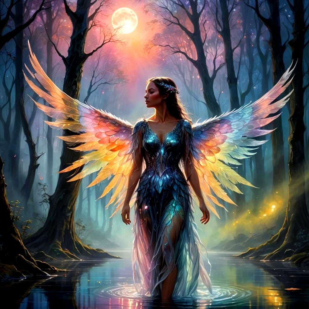 Mystical Woman's Transformation Under Moon Reflection