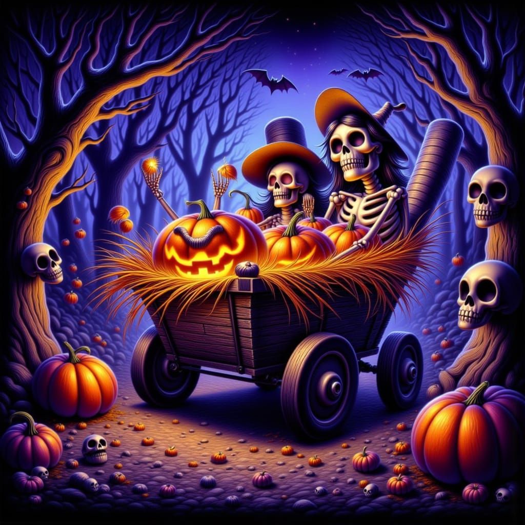 Whimsical Skeleton Hayride Through Autumn Forest