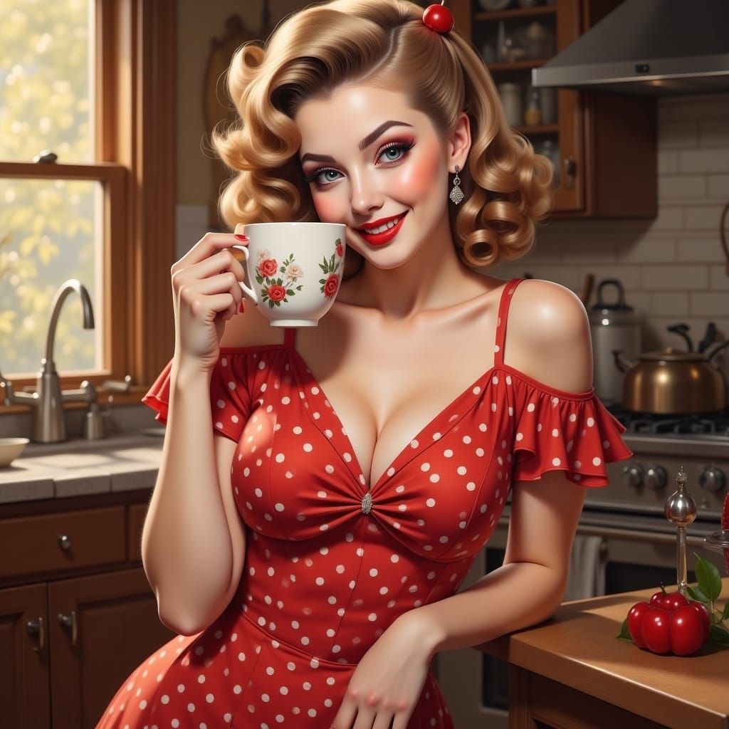 Pinup Illustration of a Sly Woman in Kitchen
