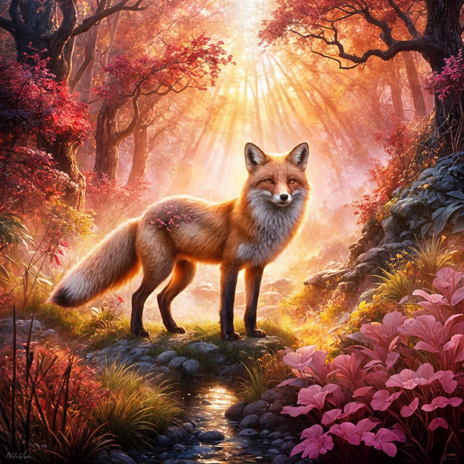 Gold Glass Fox in Lush Landscape with Pink Outline and Mist