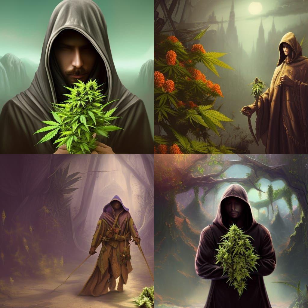 Hooded Man with Cannabis Flowers, Fantasy Art