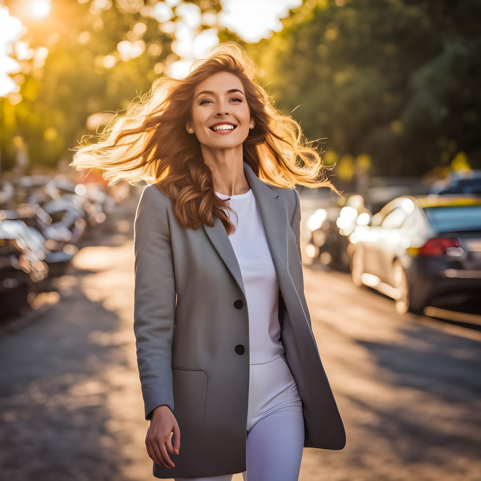 Confident Woman Strolls Through Urban Setting in Casual Atti...