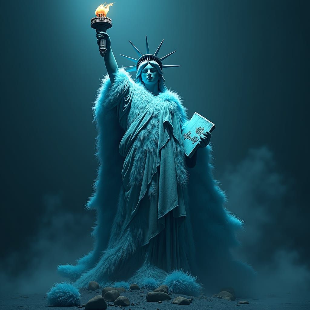 Statue of Liberty in Electric Blue Fur Coat