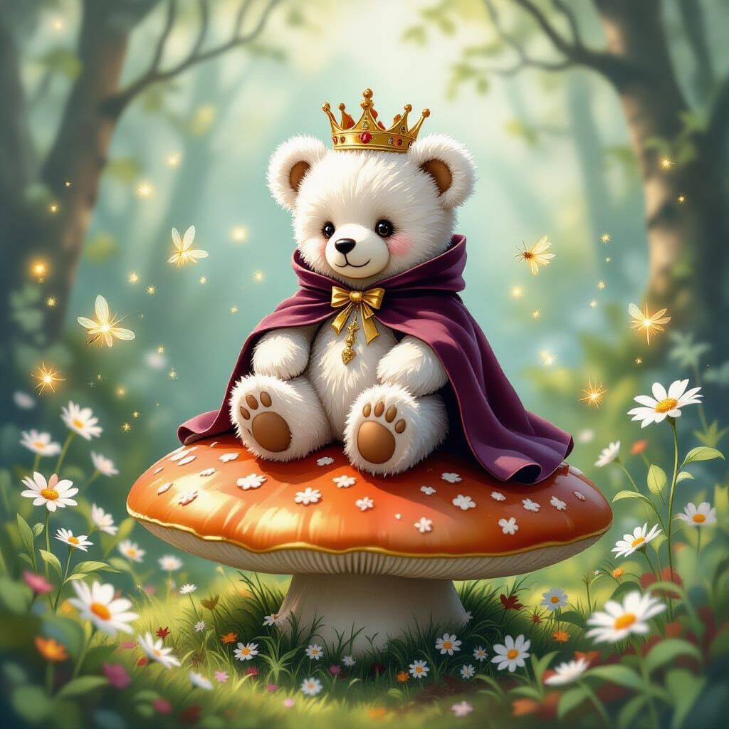Teddy Bear King in Enchanted Forest, Gouache Style