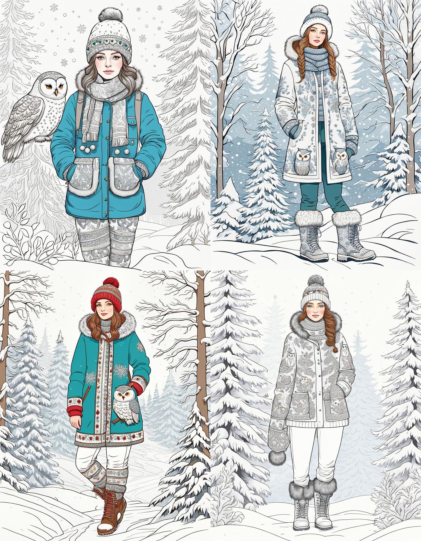 Joyful Winter Scene in Canadian Indigenous Style Line Art