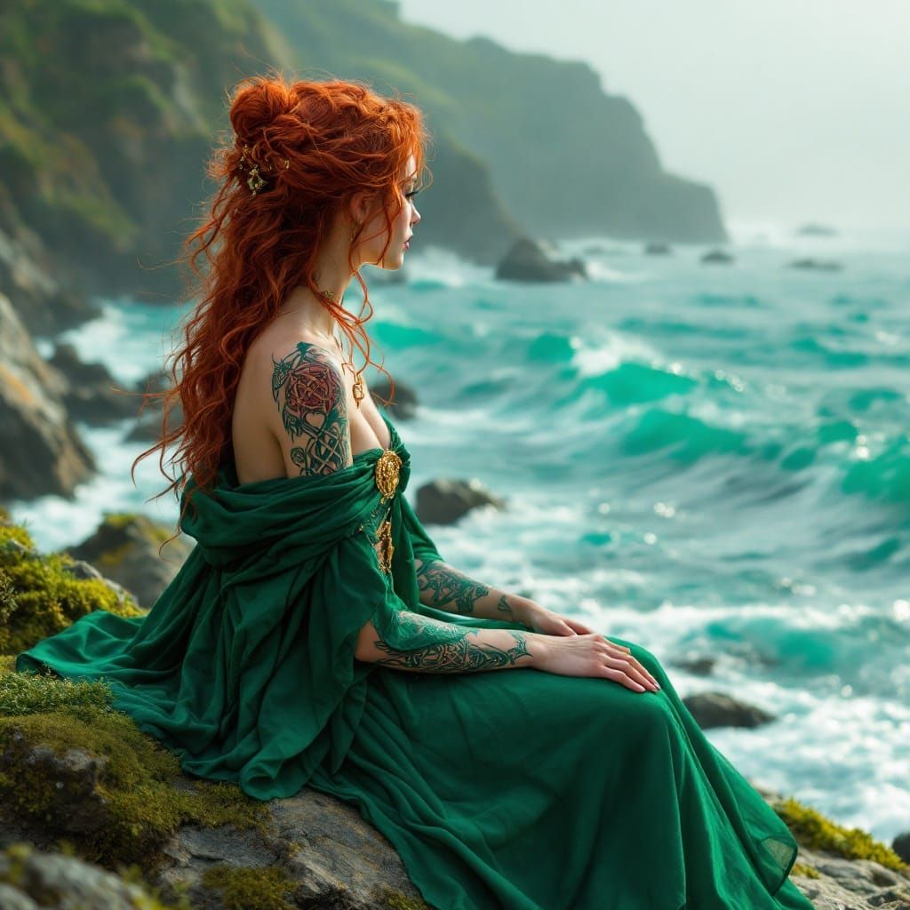 Ethereal Irish Goddess Sits on Emerald Isle Cliffs