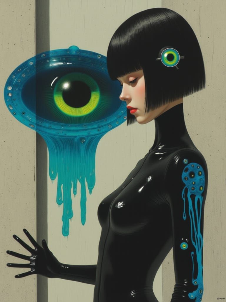 Cyberpunk Woman and Alien Jellyfish in Art Deco Style