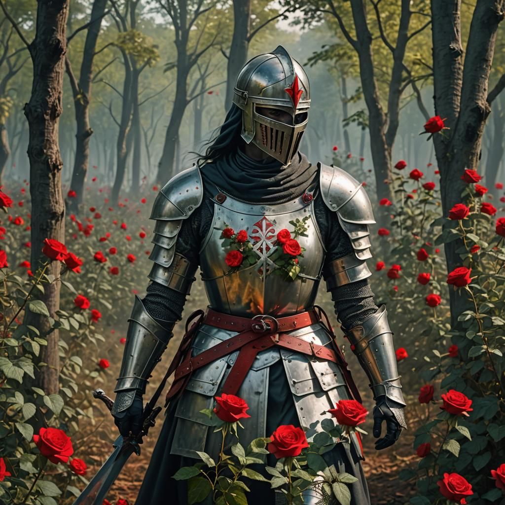 Hyperrealistic Knight Templar in Rose Forest
