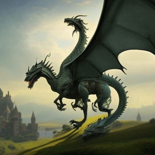 Knight on Dragon in Serene Landscape