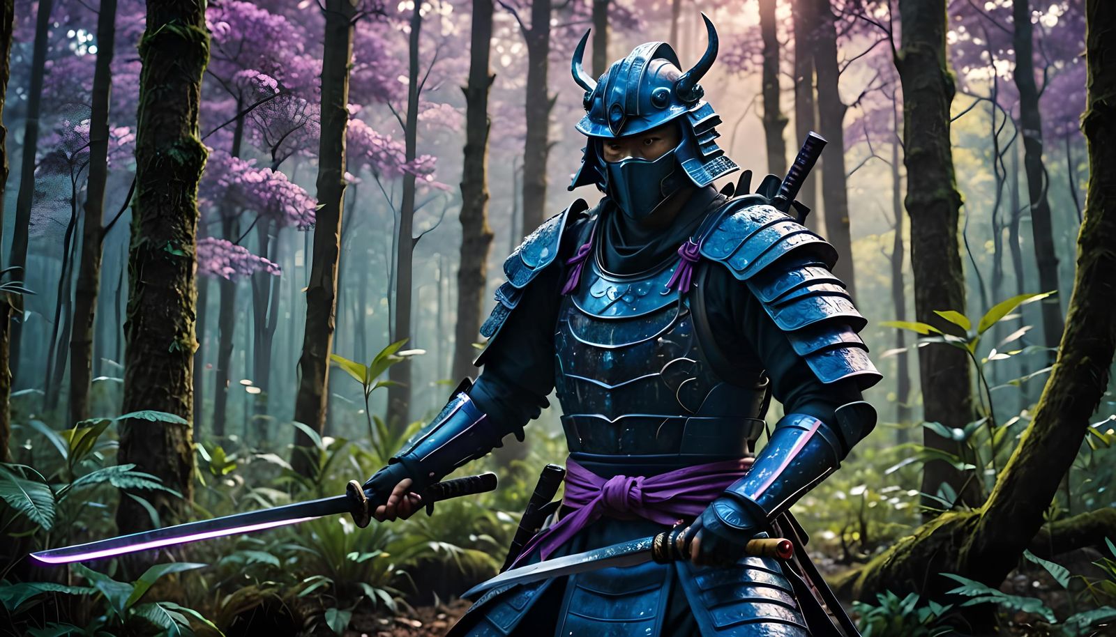 Fantasy Samurai in Vibrant Forest, Cinematic Film Still
