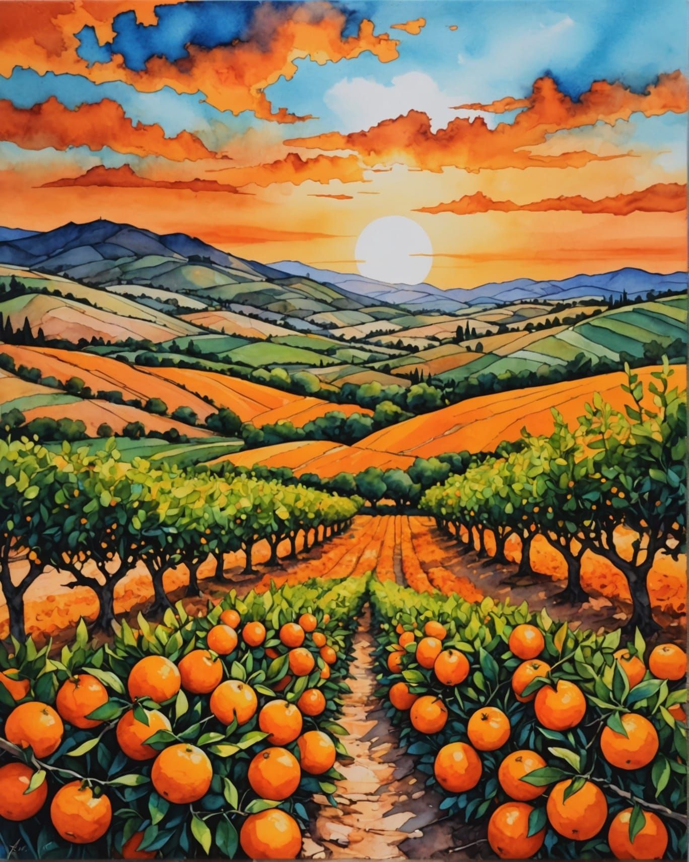 Sunset Over Spanish Orange Groves, Alcohol Ink Art
