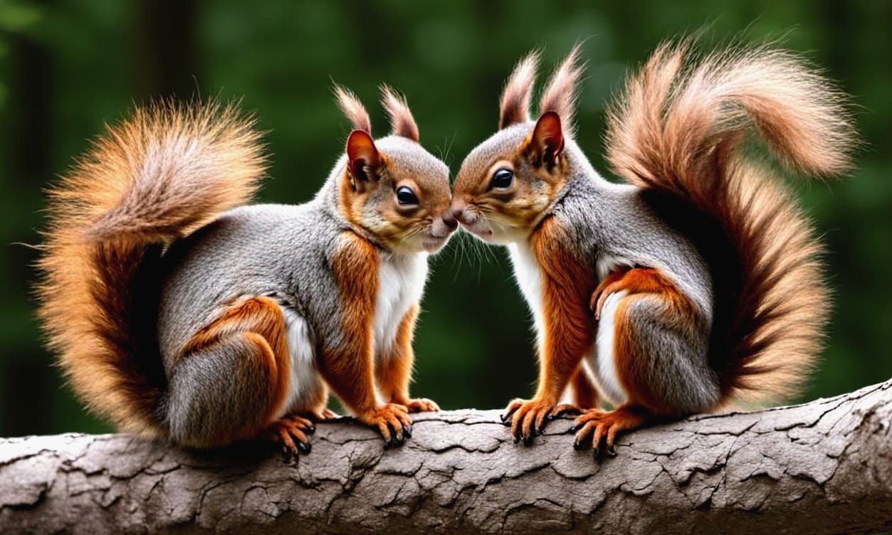 Two Fluffy Squirrels Cuddle on a Tree Branch