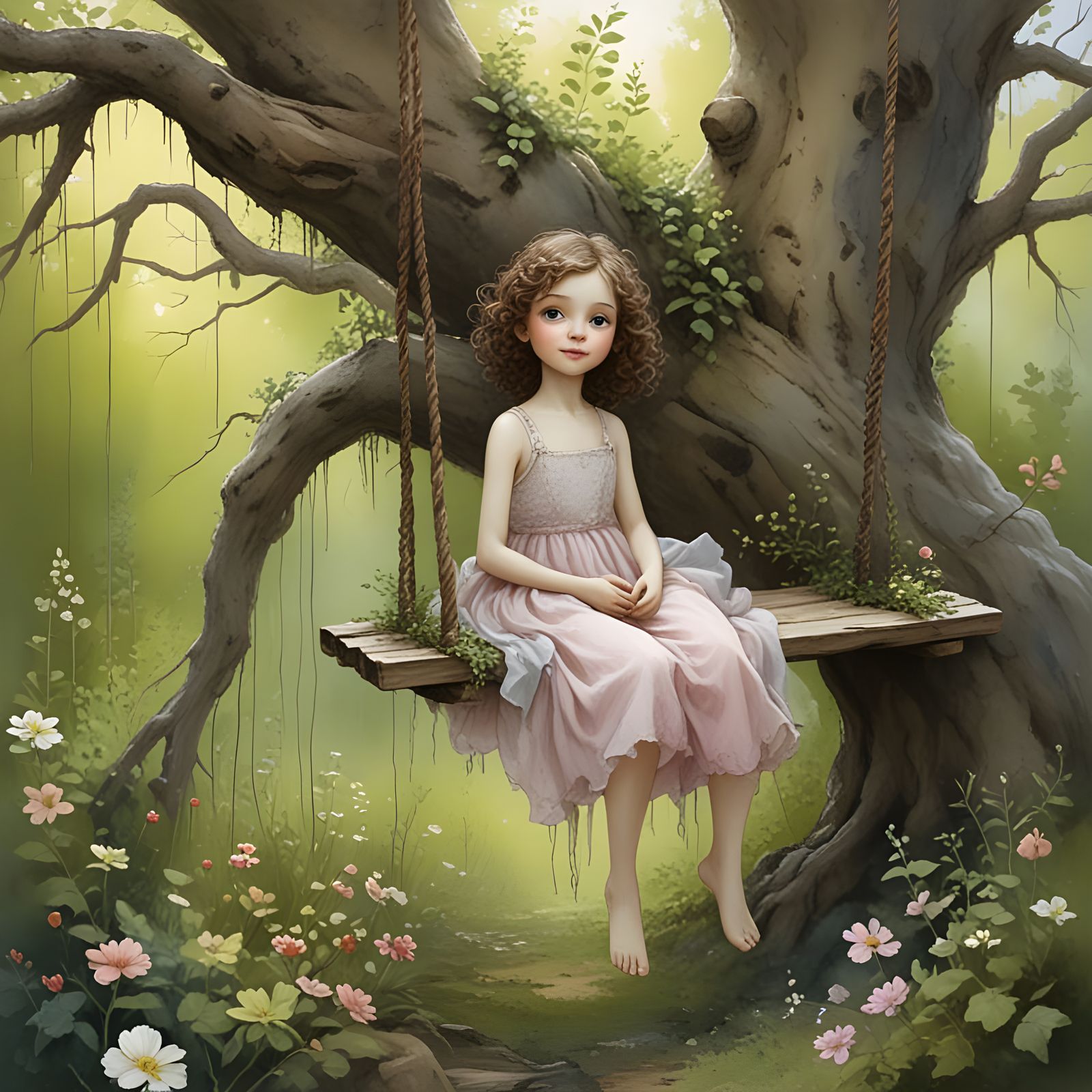 Misty Morning Swing Scene in Vibrant Colors