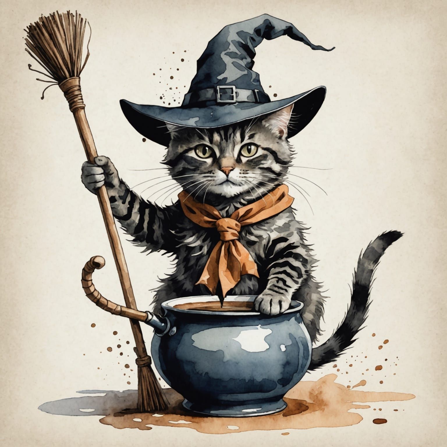 Cat in Witch Hat Illustration with Coffee