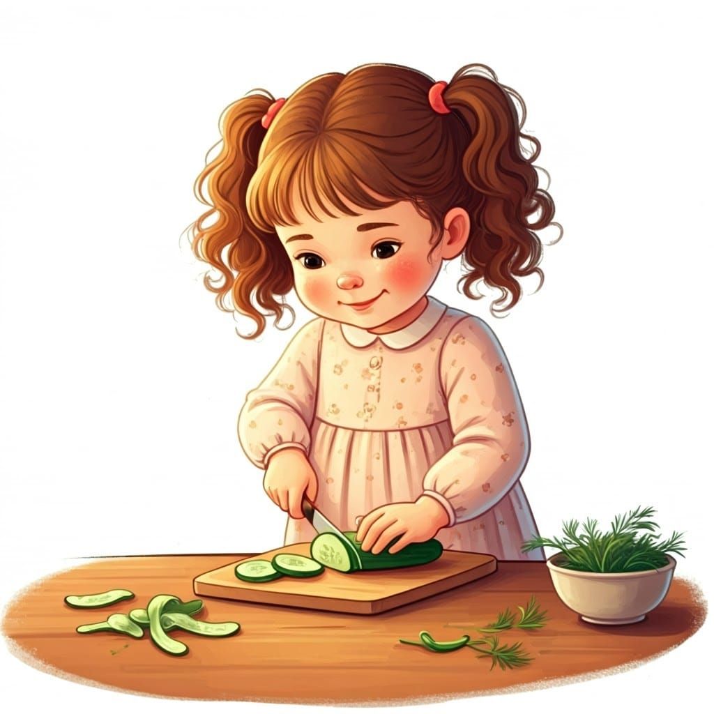 Whimsical Watercolor Girl Cuts Cucumber in a Cozy Kitchen