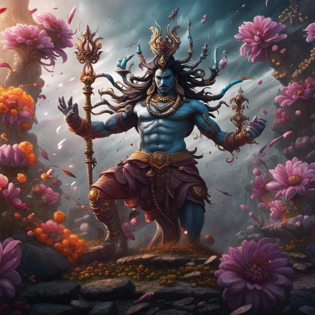 Shiva's Floral Battle: Detailed Matte Painting