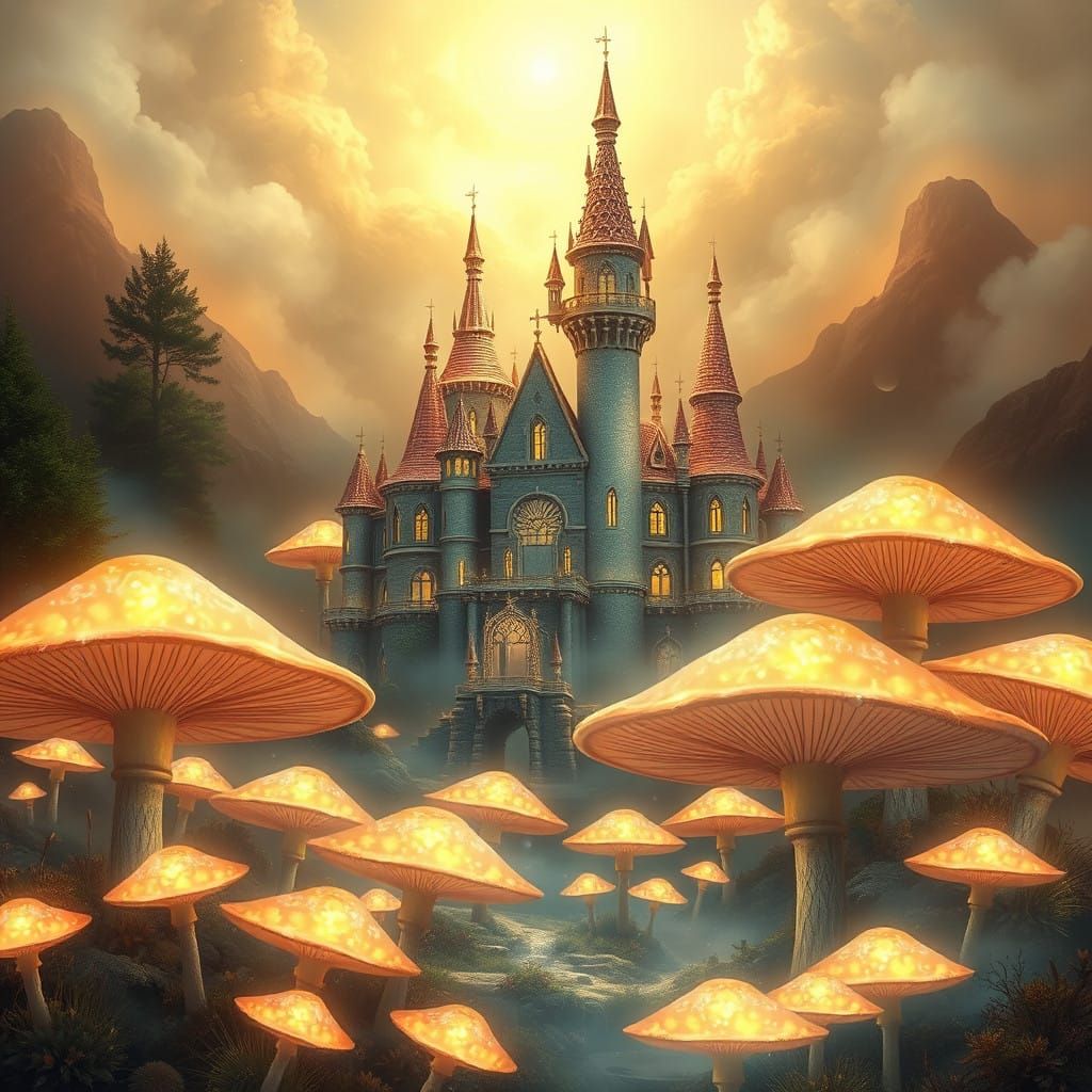 Mystical Castle in Iridescent Mist