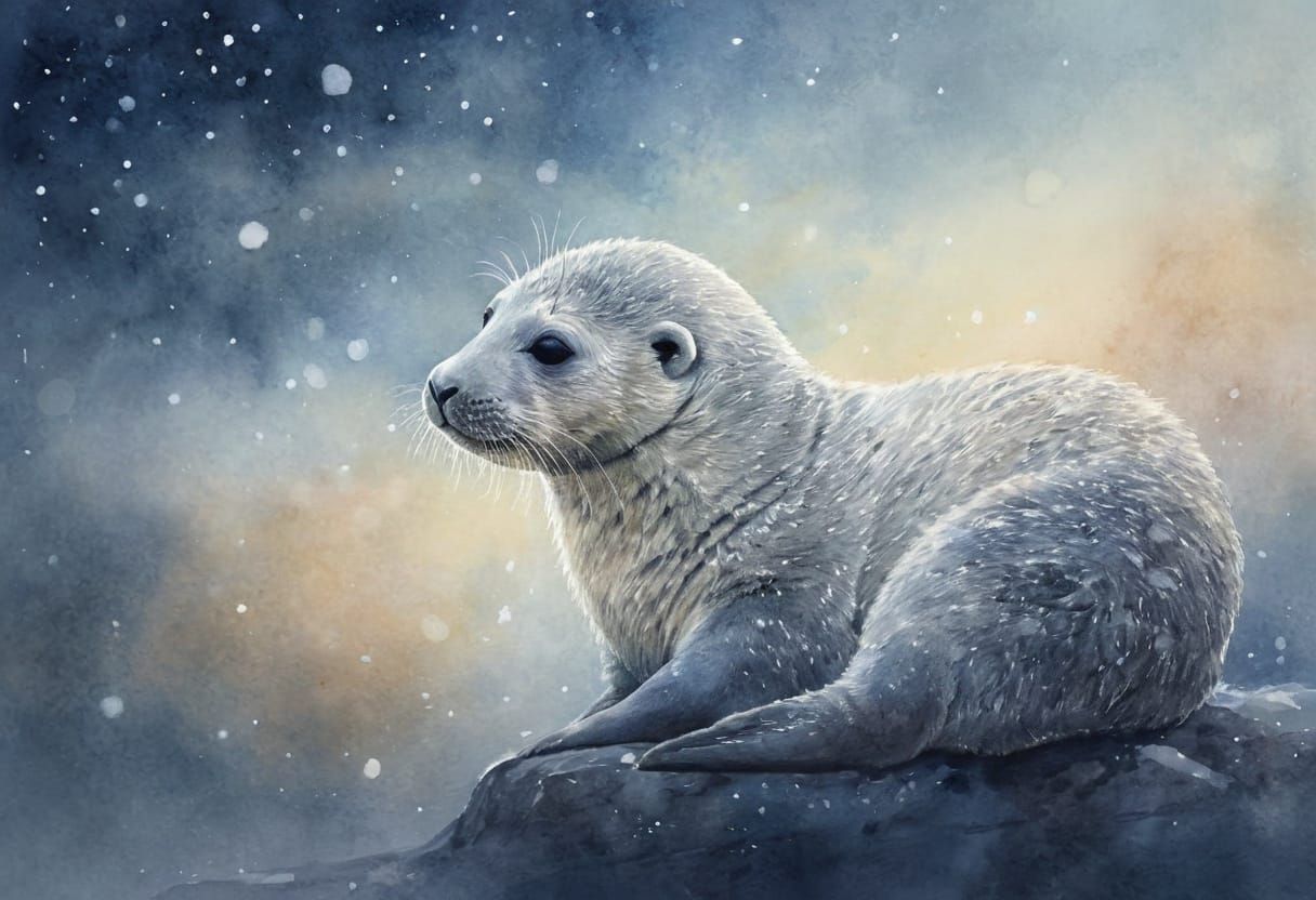 Seal Cub in Soft Moonlight, Dreamy Watercolour Style