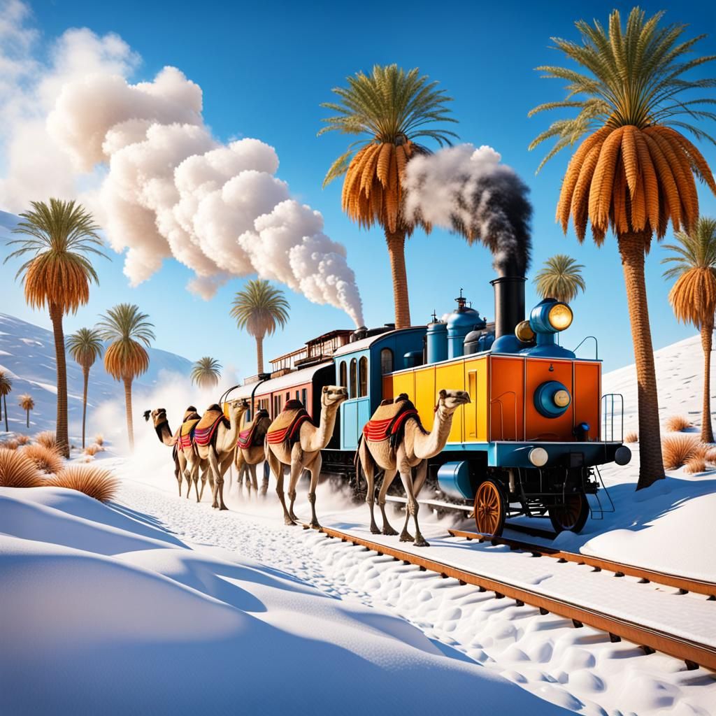 Surreal Oasis: Camels, Train, and Snow