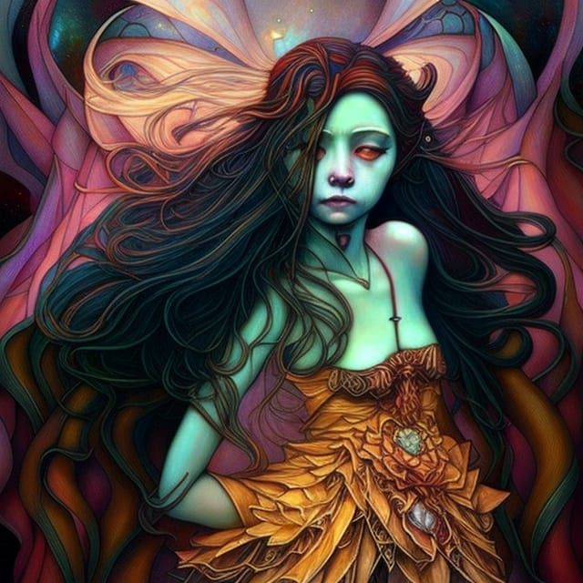 Fantasy Girl with Red Hair in Alphonse Mucha Style