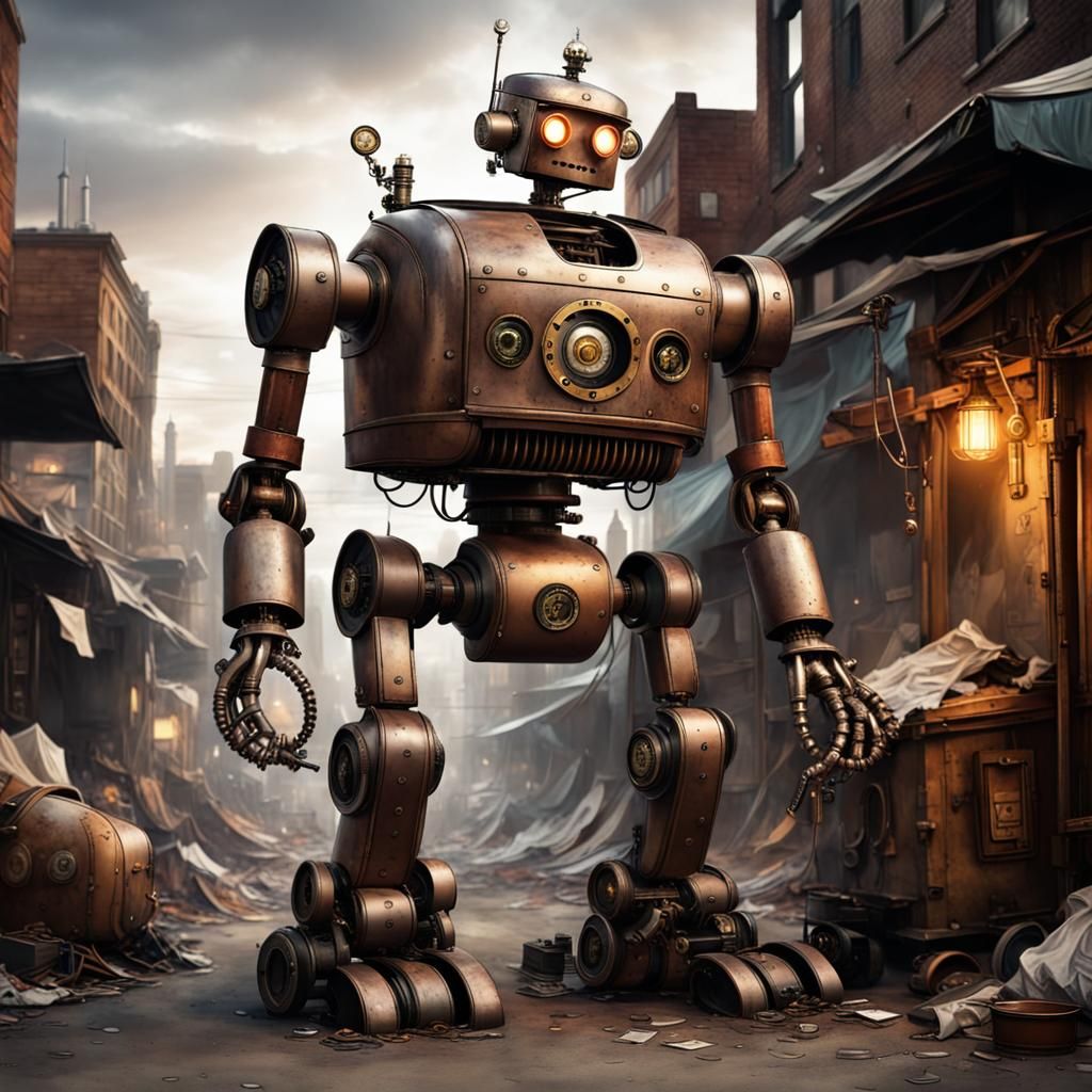 Homeless Steampunk Robot in Slum