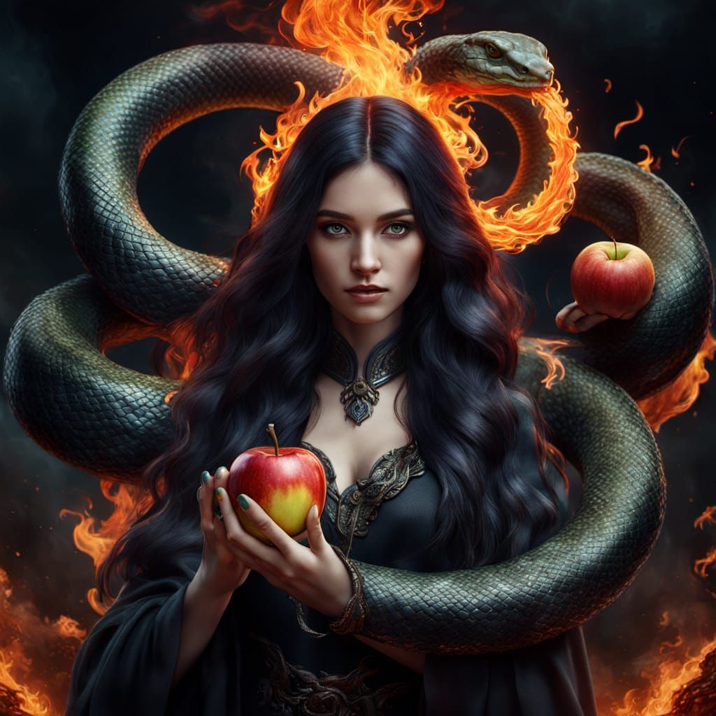 Surreal Fantasy Portrait of a Woman with Snake and Apple