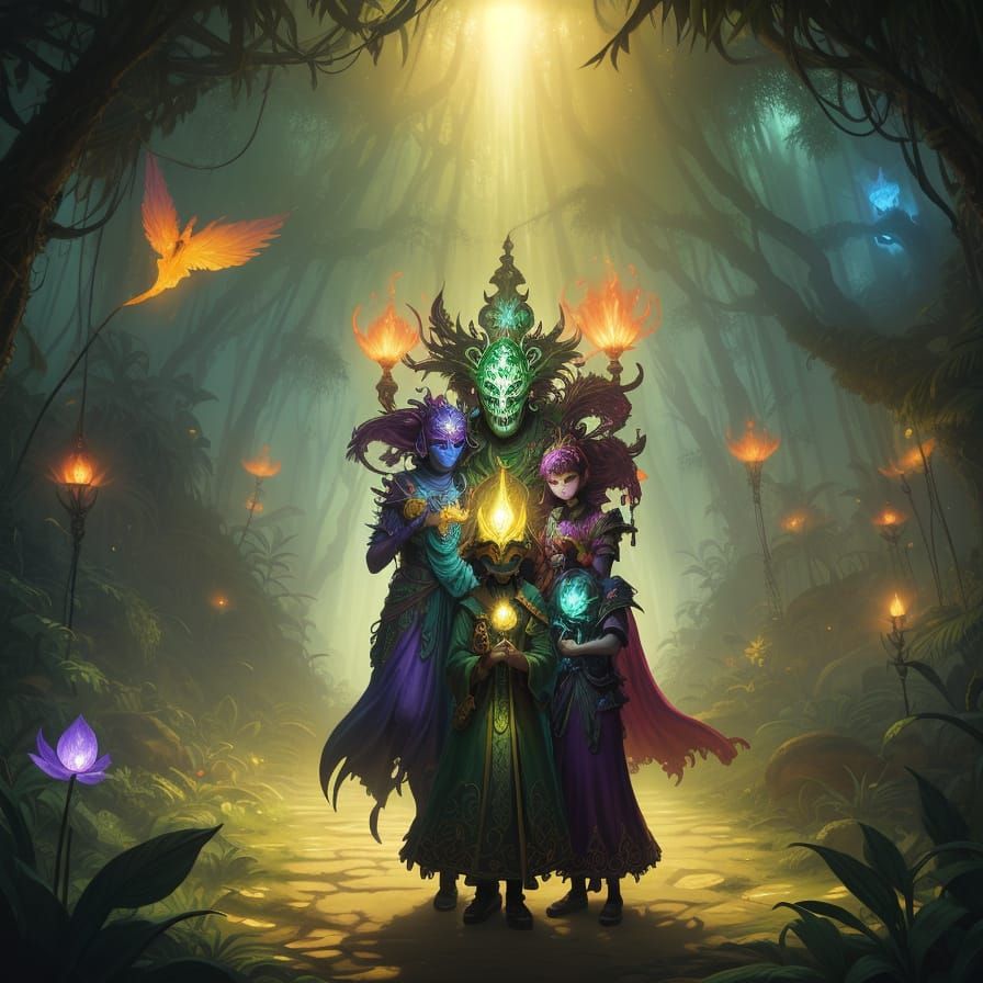 Children Explore Enchanted Jungle Path with Floating Mask