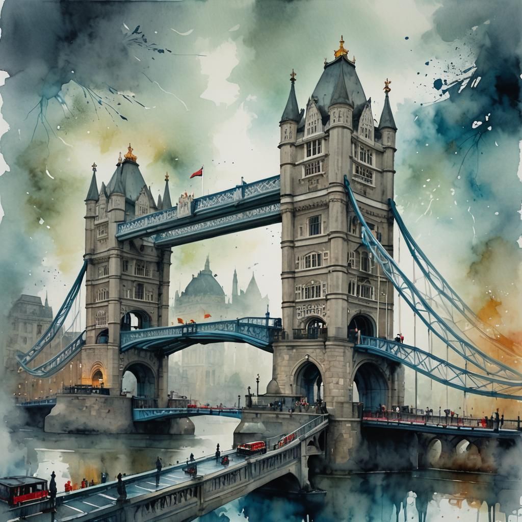 Tower Bridge in Fog: Watercolor and Ink Art
