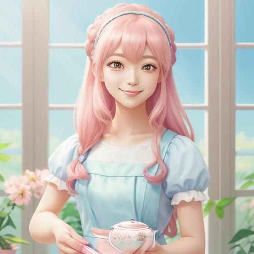 Charming Anime Maid in Pastel Pink Uniform