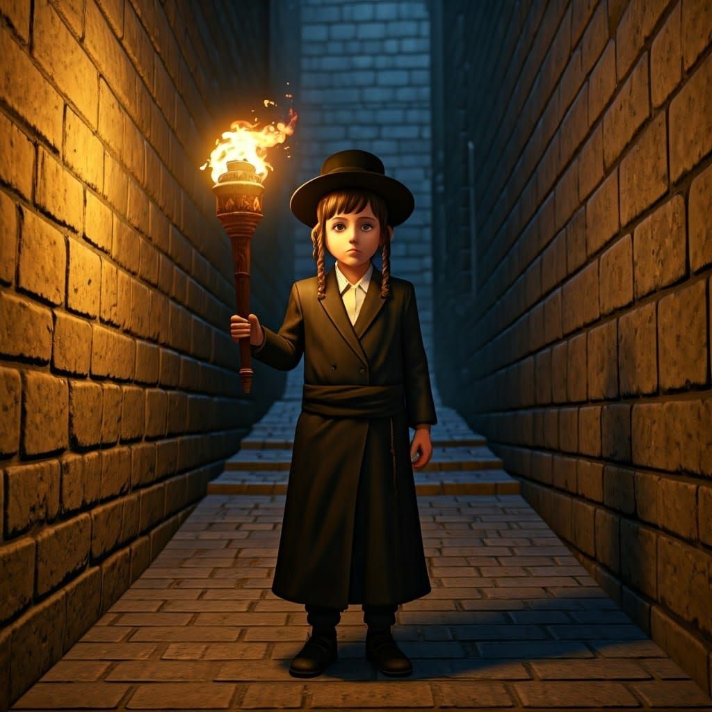 Hassidic Boy with Torch in Dim Alleyway