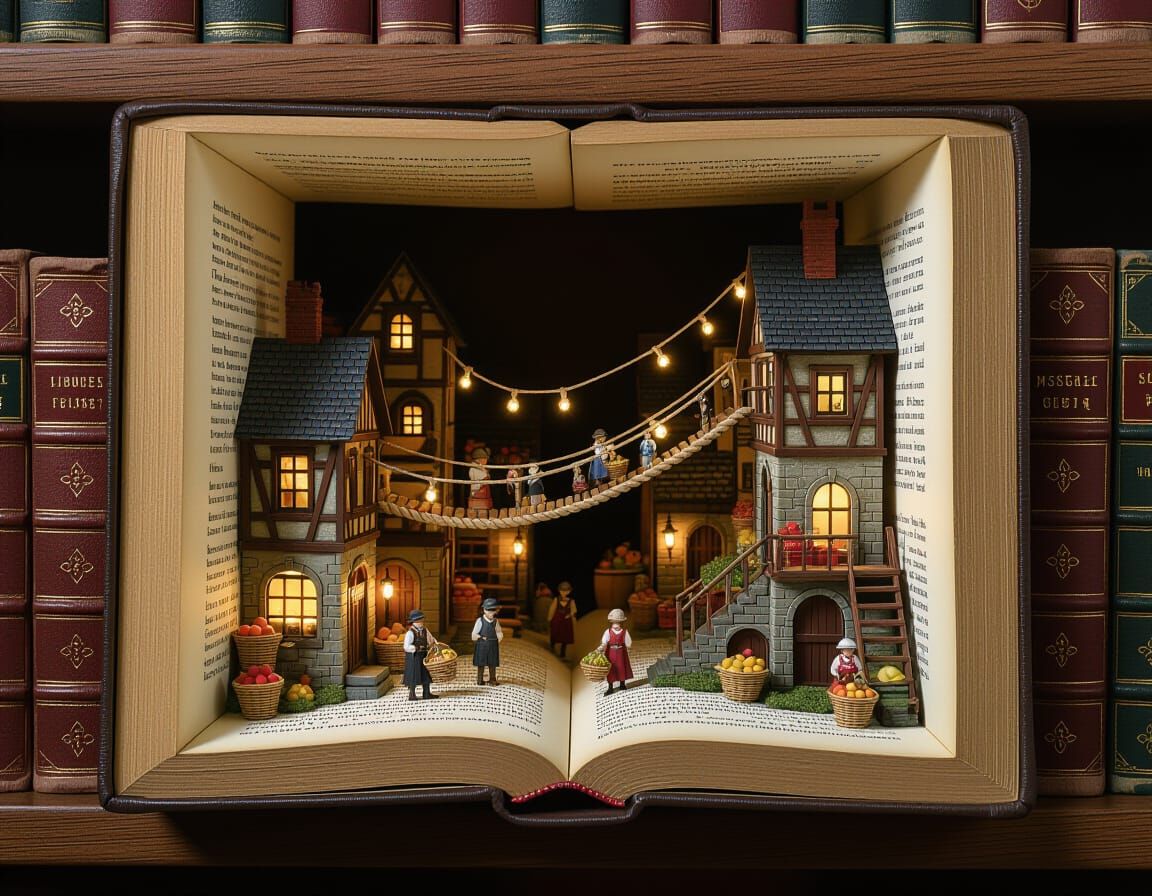 Miniature City in Bookshelf Gap, Retro Sci-Fi Style