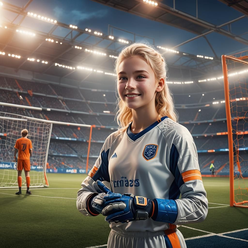 Blonde Goalkeeper in Football Stadium: Fantasy Concept Art
