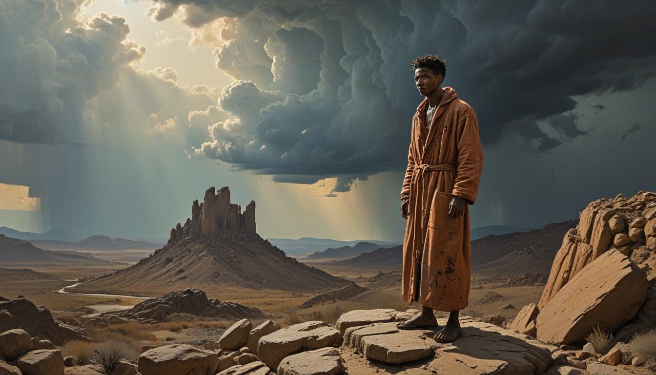 Expressive Figure Gazing into Apocalyptic Landscape in Heavy...