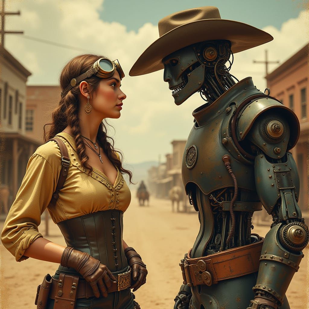 Steampunk Cowgirl vs Robot Sheriff Western Movie Poster