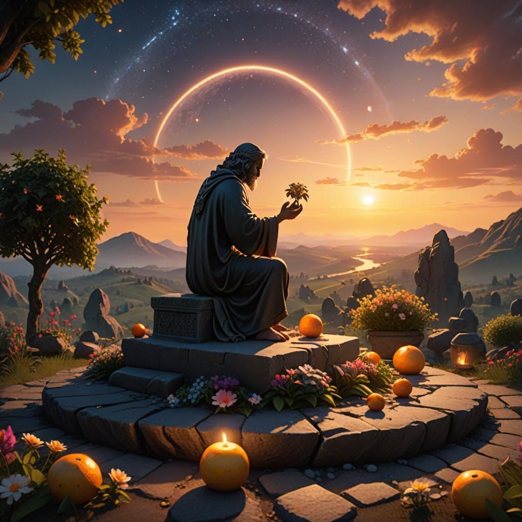 Fantasy Album Cover: Figure on Altar at Sunset