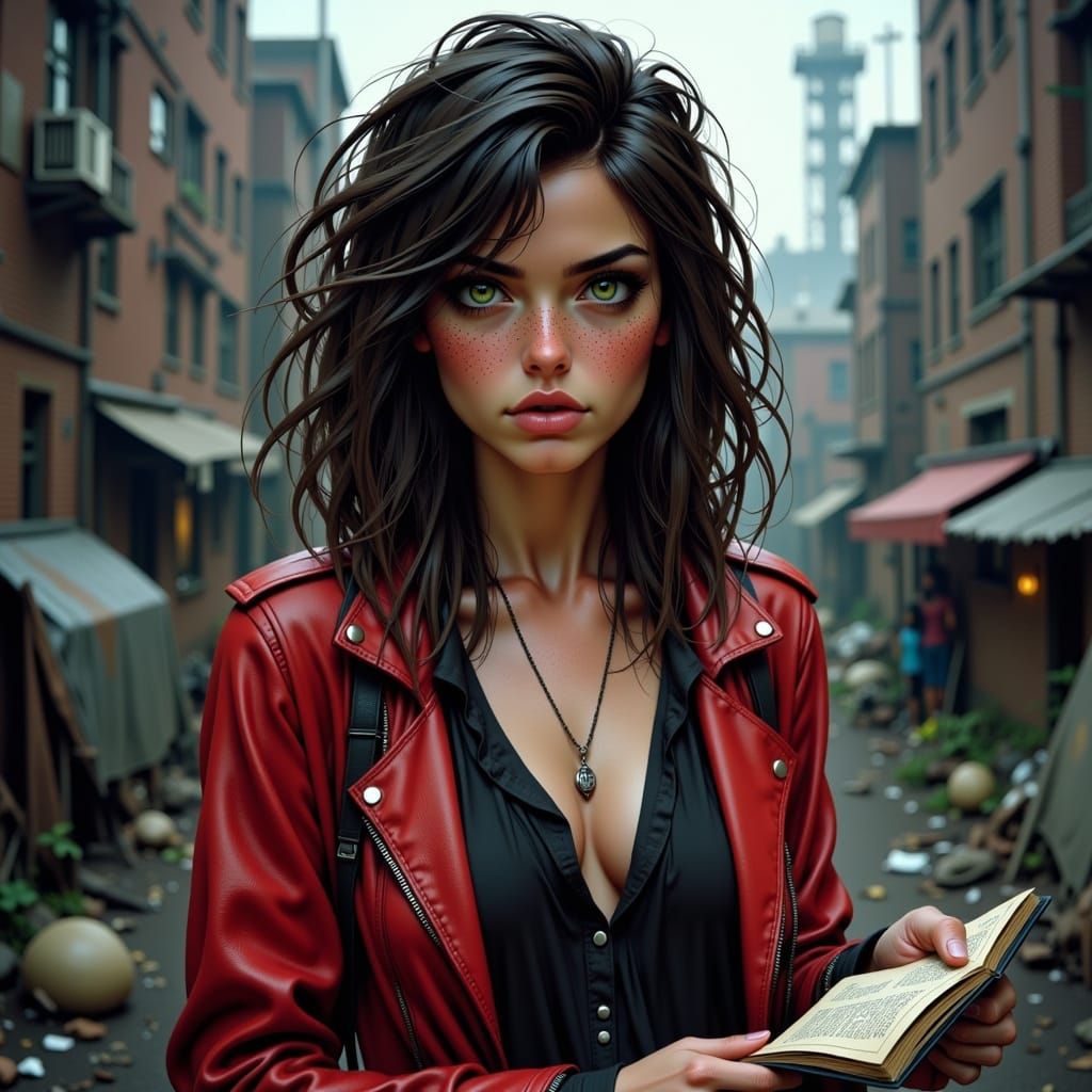 Confident Female Journalist in Post-Apocalyptic Cityscape