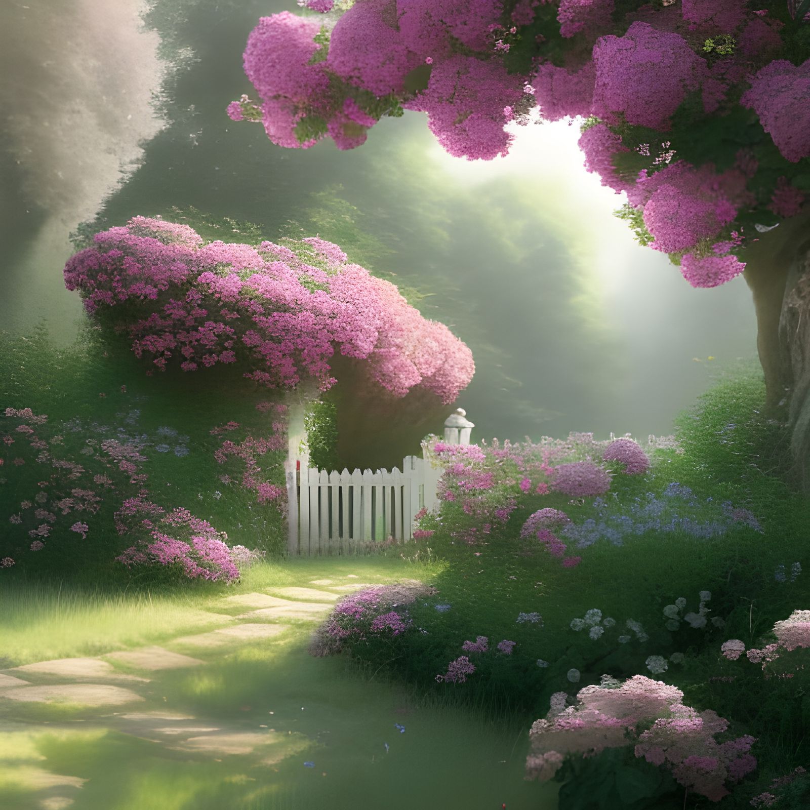 Pink Roses in a Picturesque Garden Scene