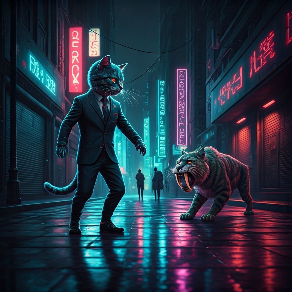 Cyberpunk Cat Battle in Neon Cityscape