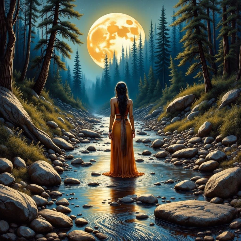 Native American Woman in Creek Under Moon