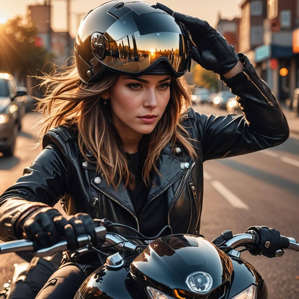 Motorcycle Rider in Sunset Glow: Hyper-Realistic Digital Art