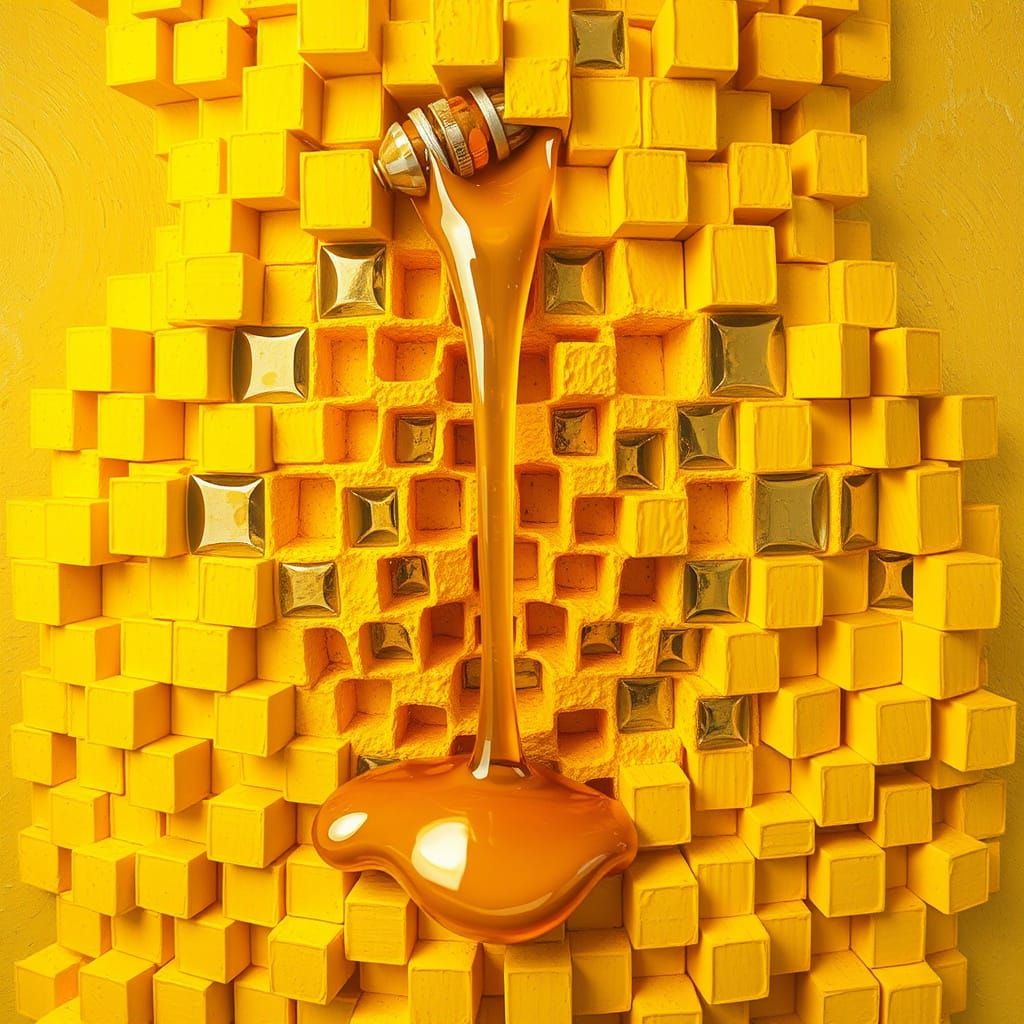 Golden Beehive Leaking Honey in Impasto Style