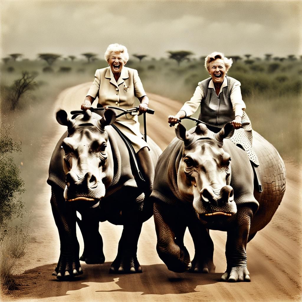 Vintage Photo: Women Ride Hippos in Serengeti