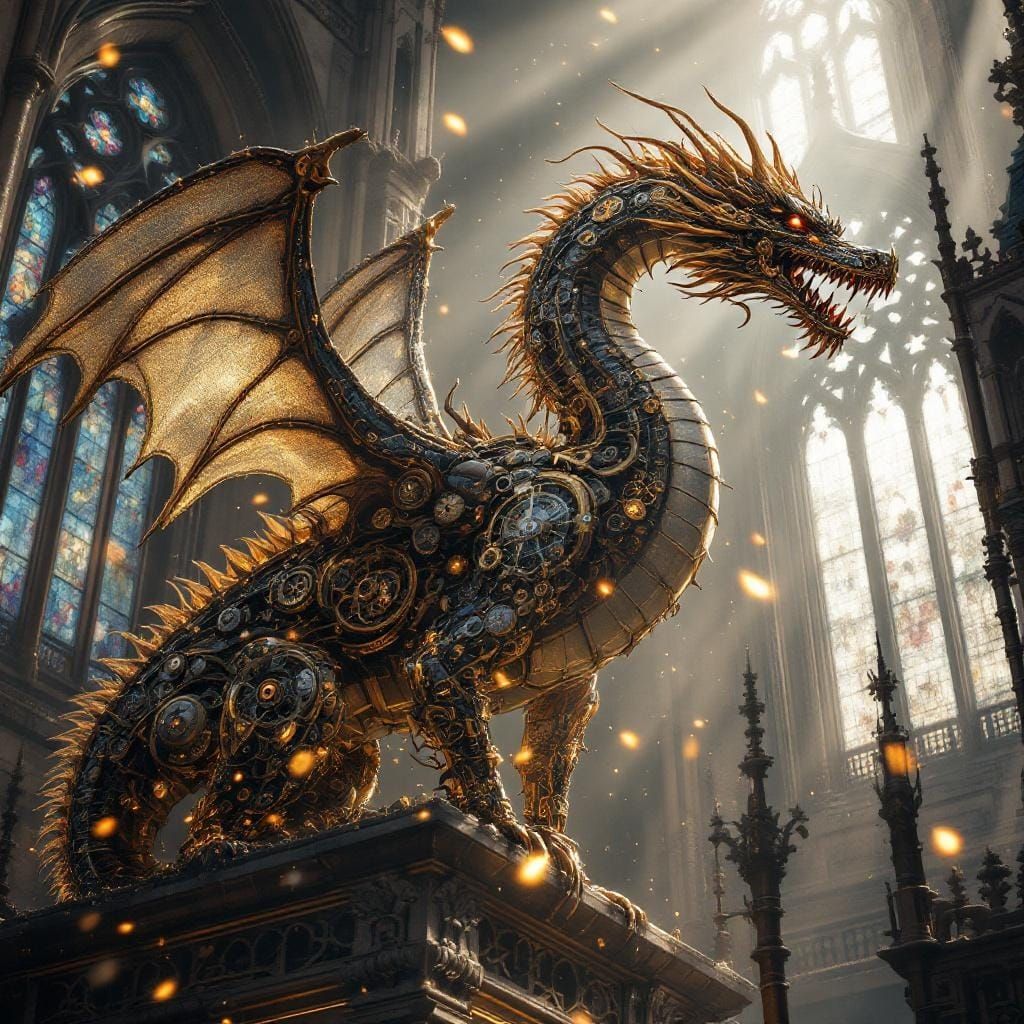 Clockwork Dragon on Gothic Cathedral in Steampunk Style