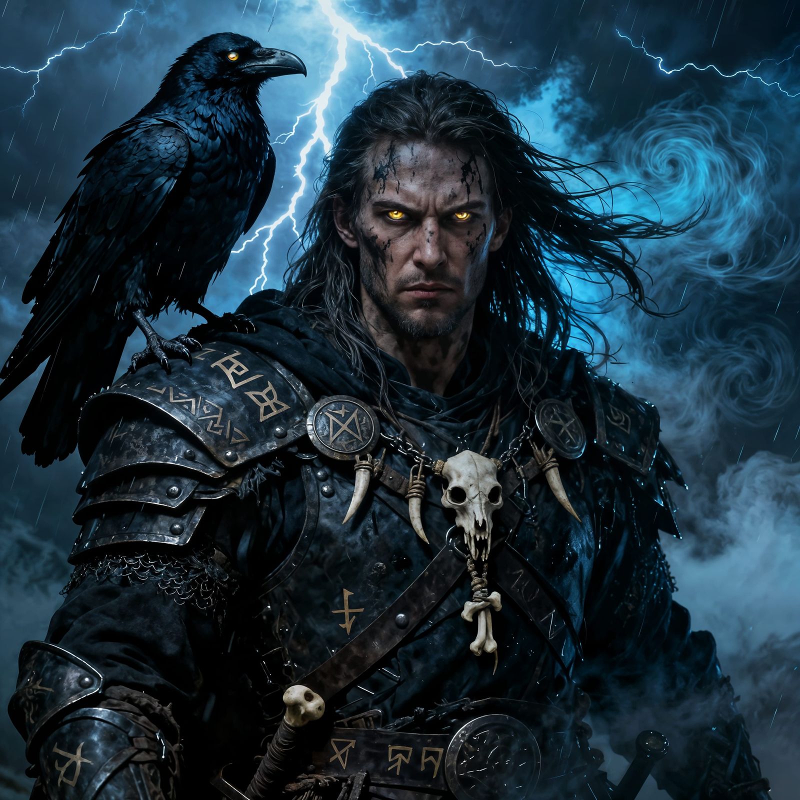 Dark Fantasy Warrior with Raven in Storm