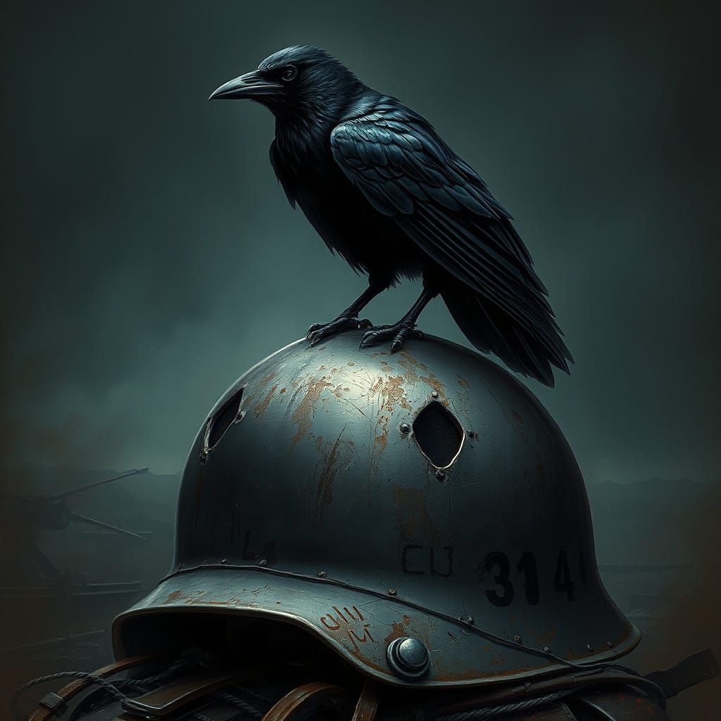 Crow on a War-Torn Helmet in Dark Ominous Style