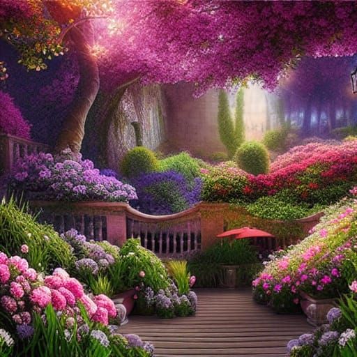 Hyperdetailed Garden Matte Painting in Holodeck