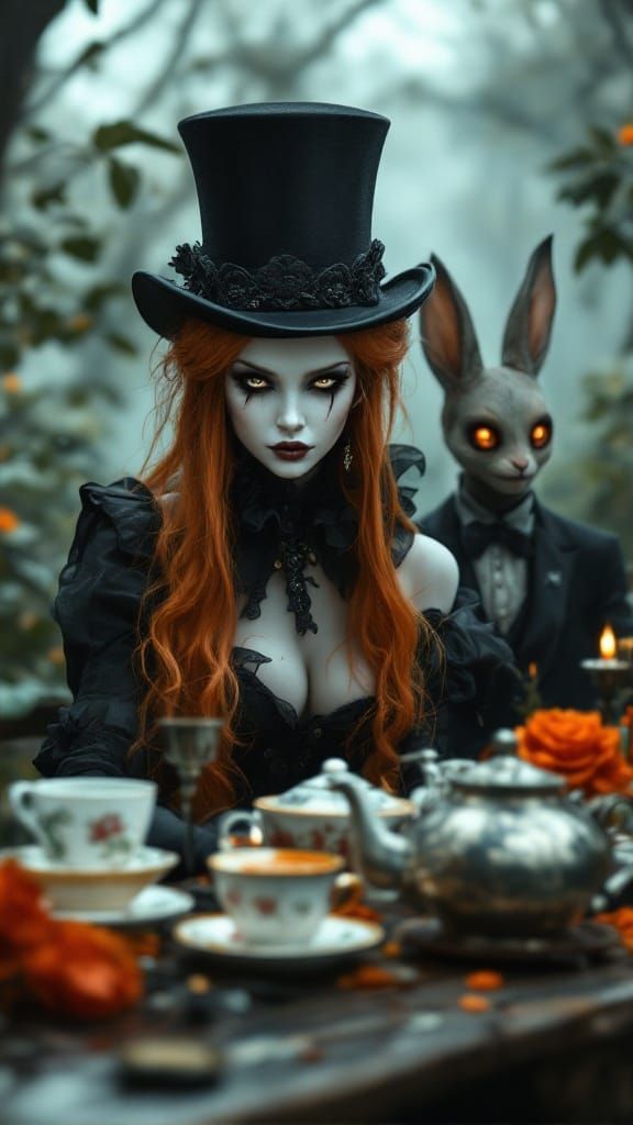 Surreal Tea Party in Dark Fantasy Realism with Gothic Elemen...